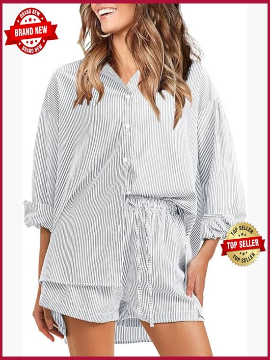 Pants - Women's Long Sleeve Button Down Shirt & Short Set Summer Two Piece